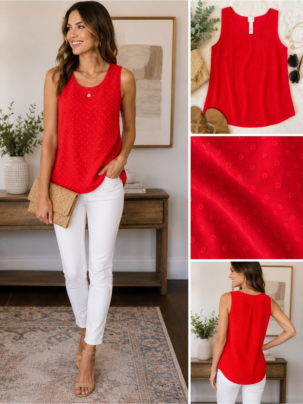 Chico’s Red Swiss Dot Sleeveless Blouse Womens Size 0 Lined Scoop Neck Tank